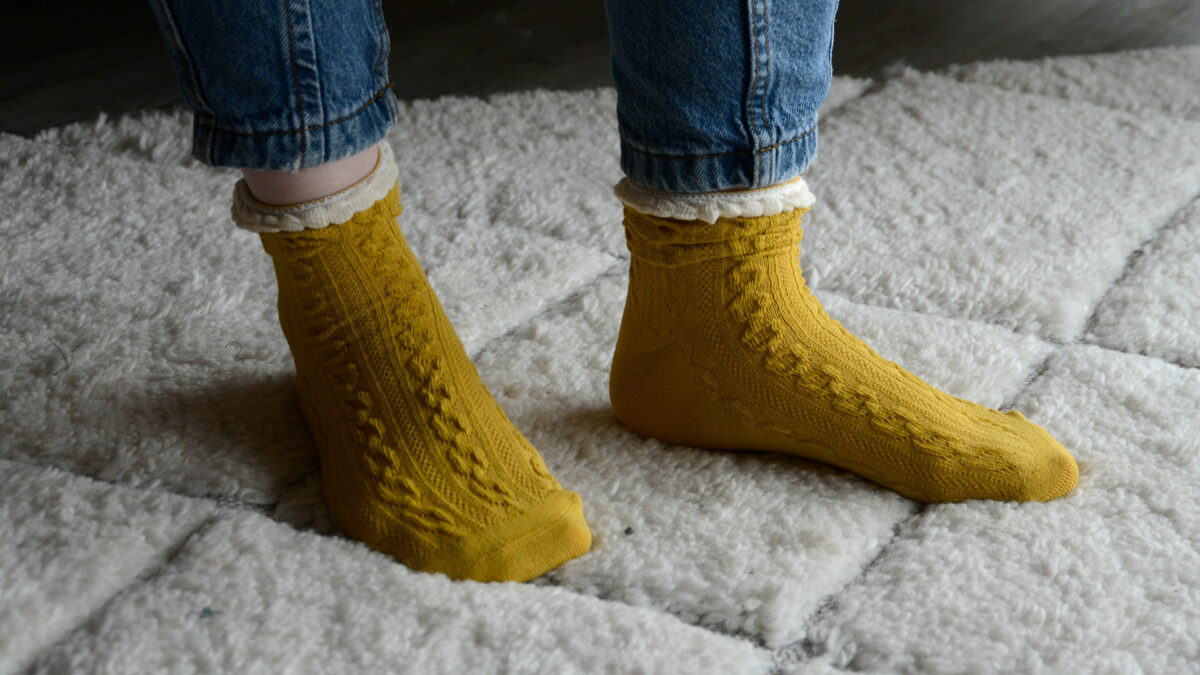 mustard socks with ivory trim