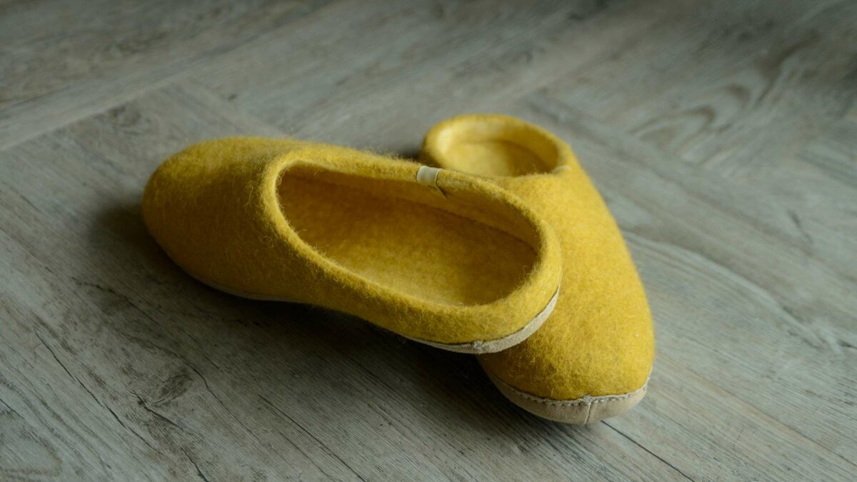 felted New Zealand wool slippers in mustard yellow