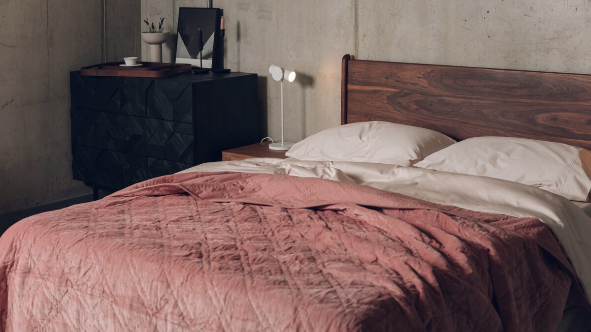 muted rose velvet bedspread and shell colour cotton bedding