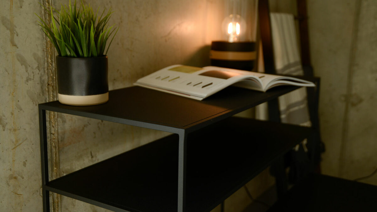 metal console table with shelf in dark slate grey a closer view