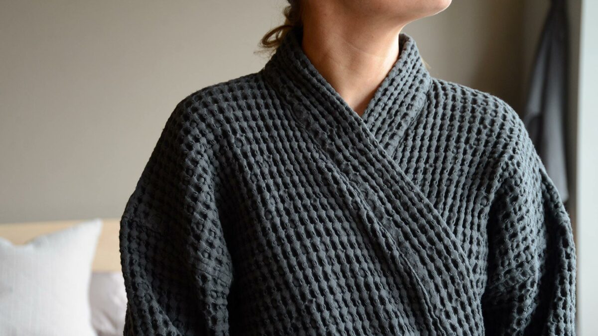 unisex waffle weave cotton robe in charcoal grey