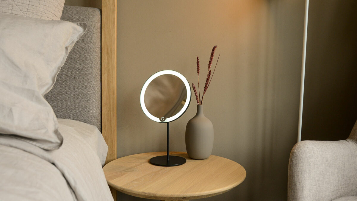 magnifying mirror with LED light shown with light on