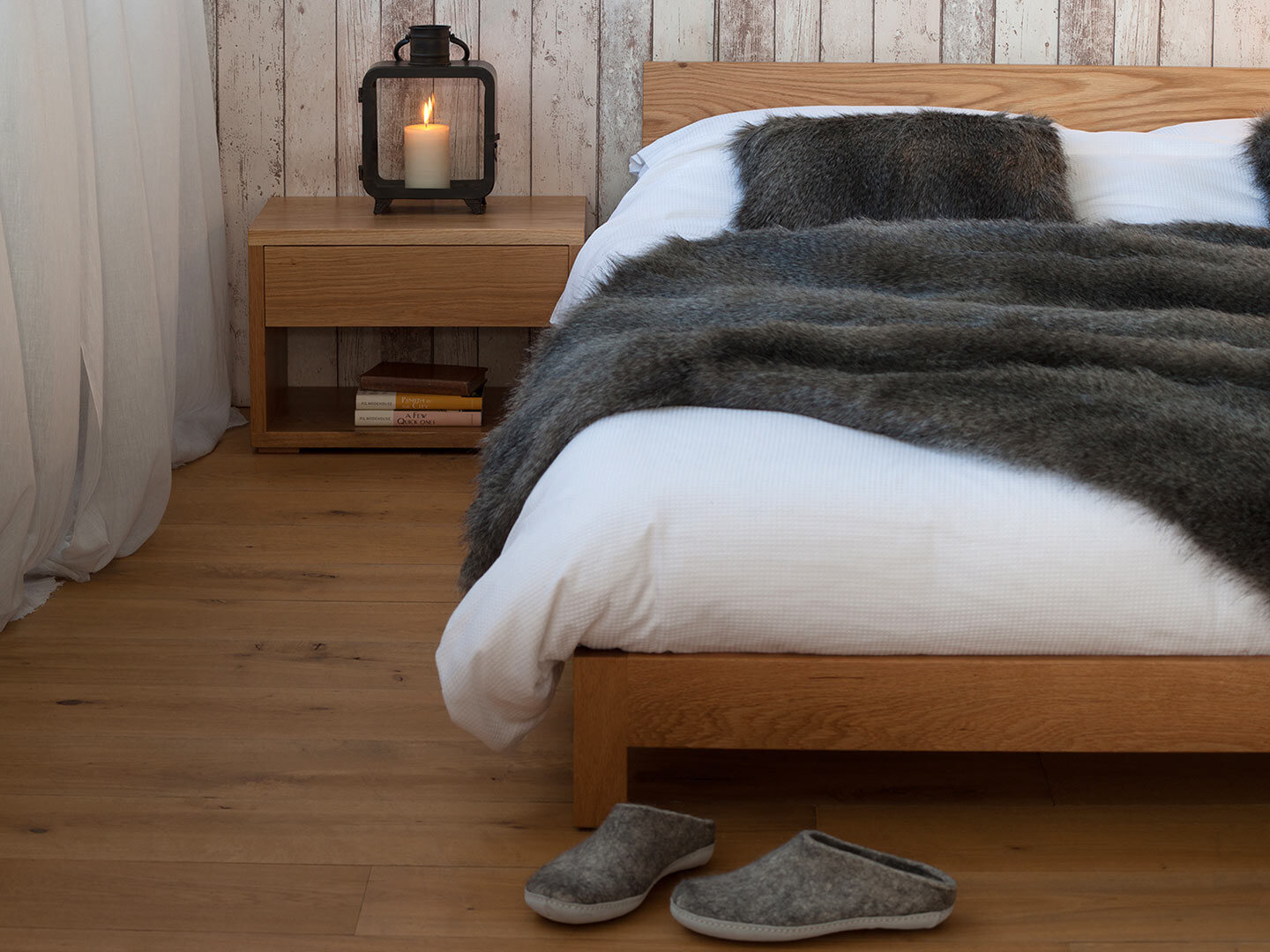Nevada low bed and low Cube bedside table hand made in Britain in a choice of solid woods