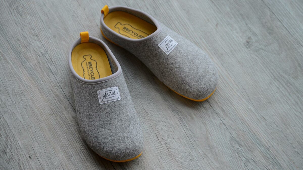 grey and yellow felt look recycled slippers