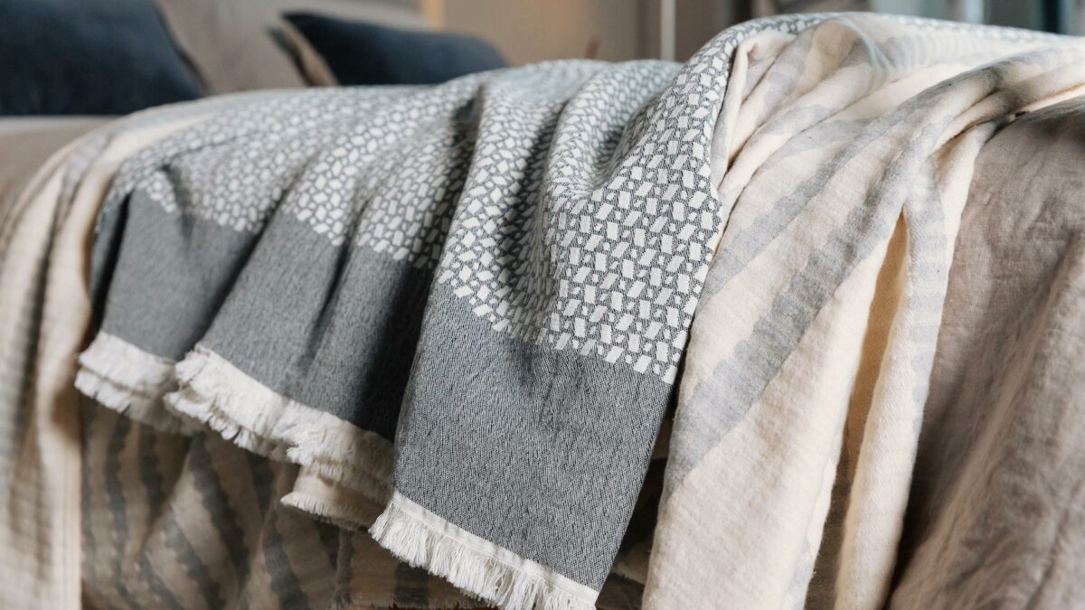 ivory and grey patterned cotton blanket