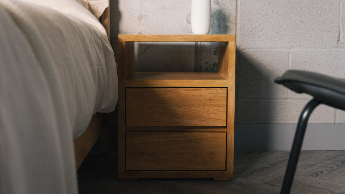 Black Lotus solid oak bedside table with 2 drawers and an open shelf