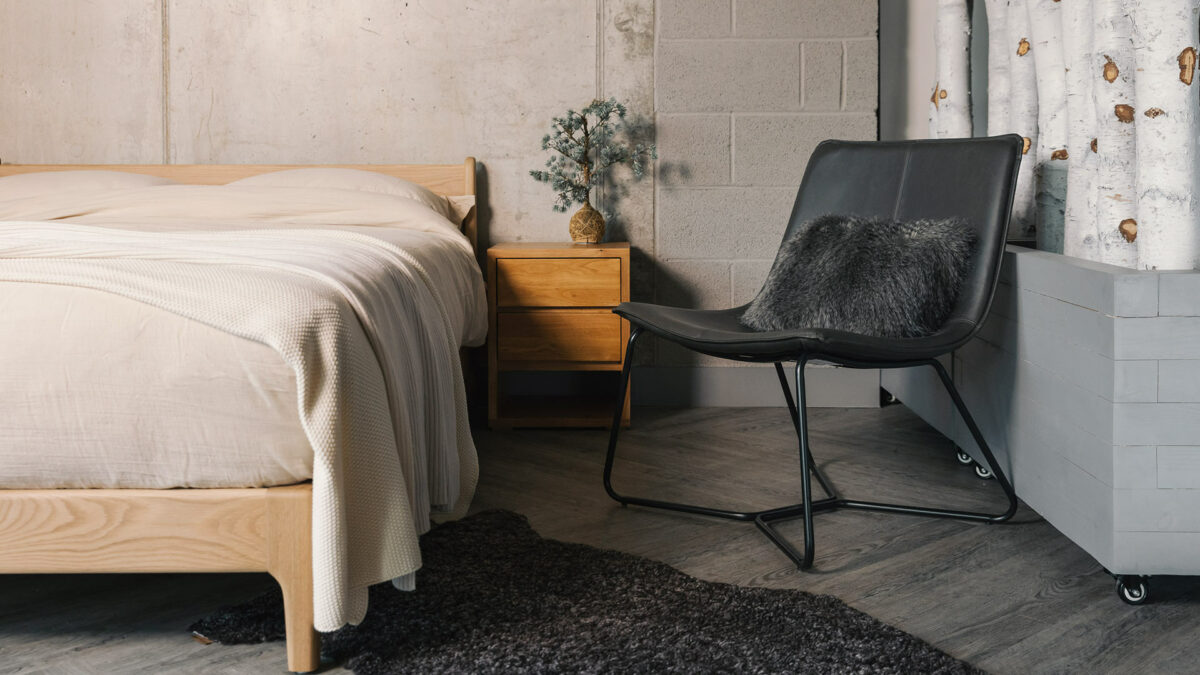 oak 2 drawer cube with Pimlico bed and faux leather chair
