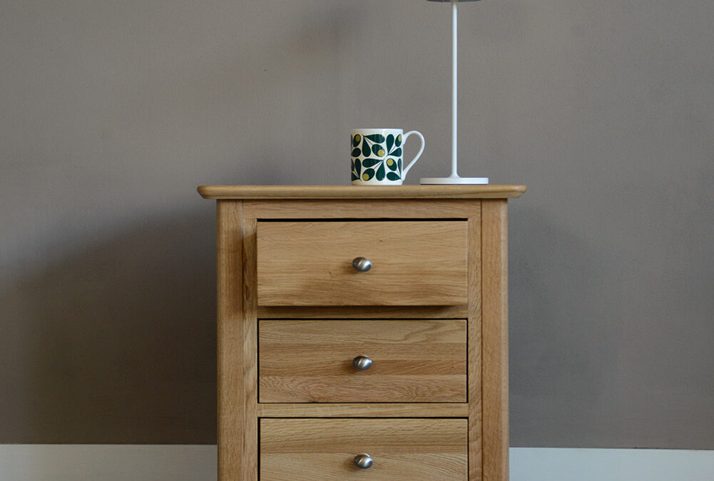 classic oak bedside table with 3 drawers