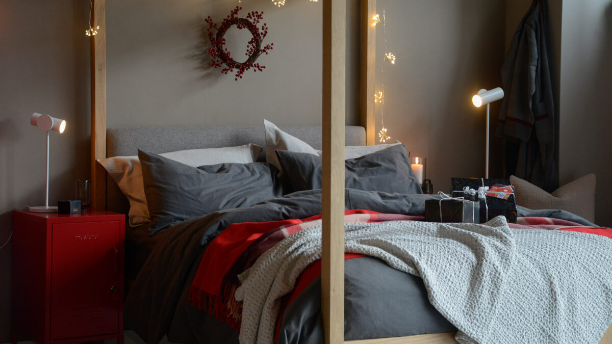 Christmas bedroom red and grey