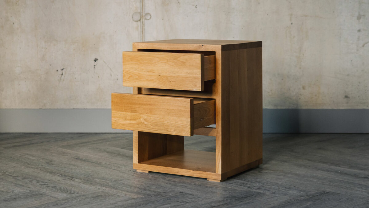 Black Lotus solid oak bedroom storage chest with 2 drawers and an open shelf