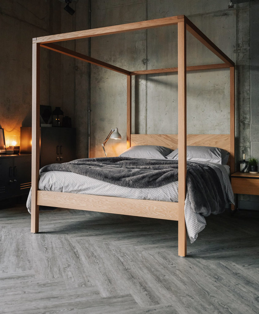 Centrepiece contemporary solid wood Kelham 4 poster bed with chevron headboard, cosy industrial bedroom