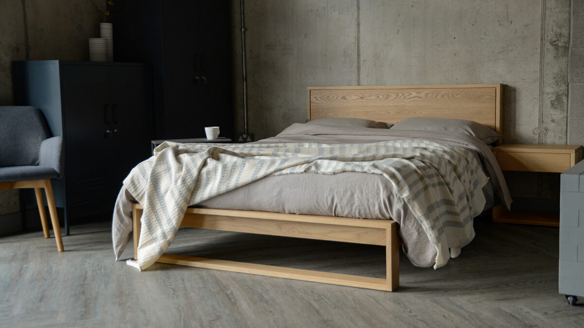 oak Leith bed with ivory and grey bedspread