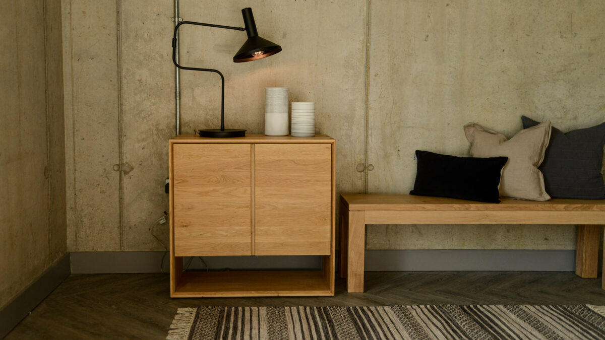 oak nordic cupboard and straight modern bench