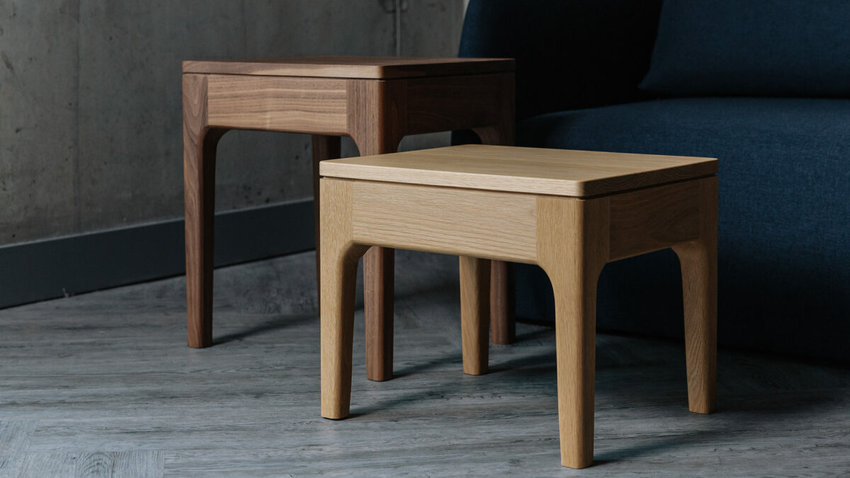 oak and walnut mid century look side tables
