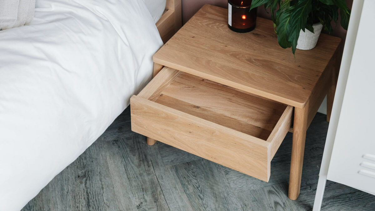 oak bedside drawer table AIR open