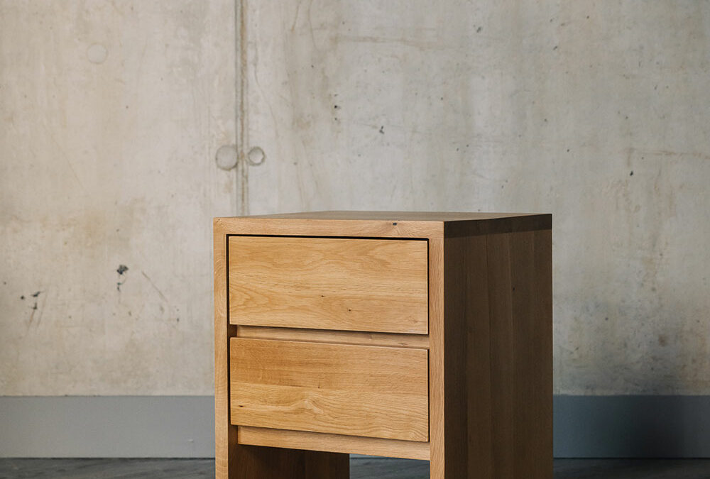 Black Lotus solid oak bedside table with 2 drawers and an open shelf