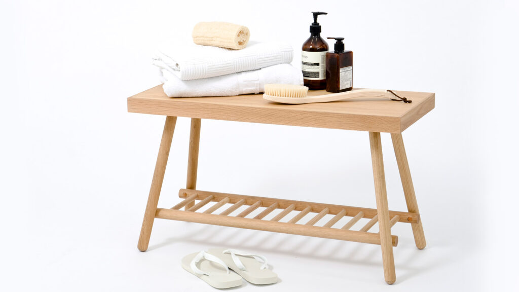 small oak bathroom storage bench or table