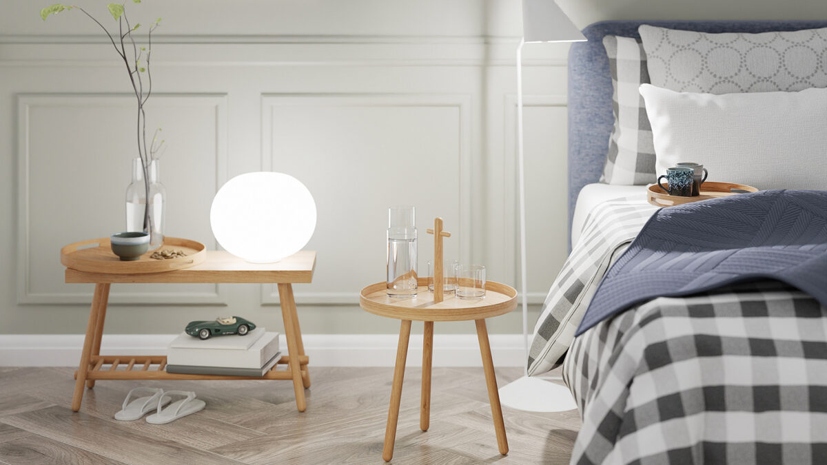 Oak small storage bench with spindle shelf shown with an oak tray table