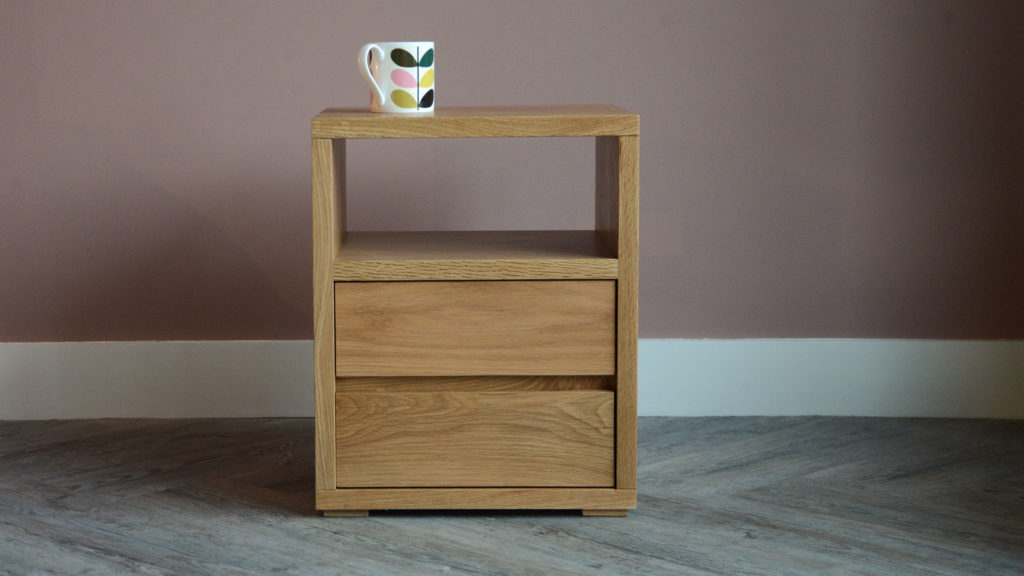 natural bed company oak bedside table with 2 drawers and an open shelf