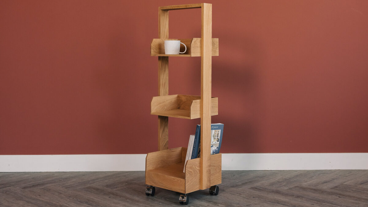 oak bookshelf on wheels