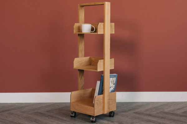 oak bookshelf on wheels