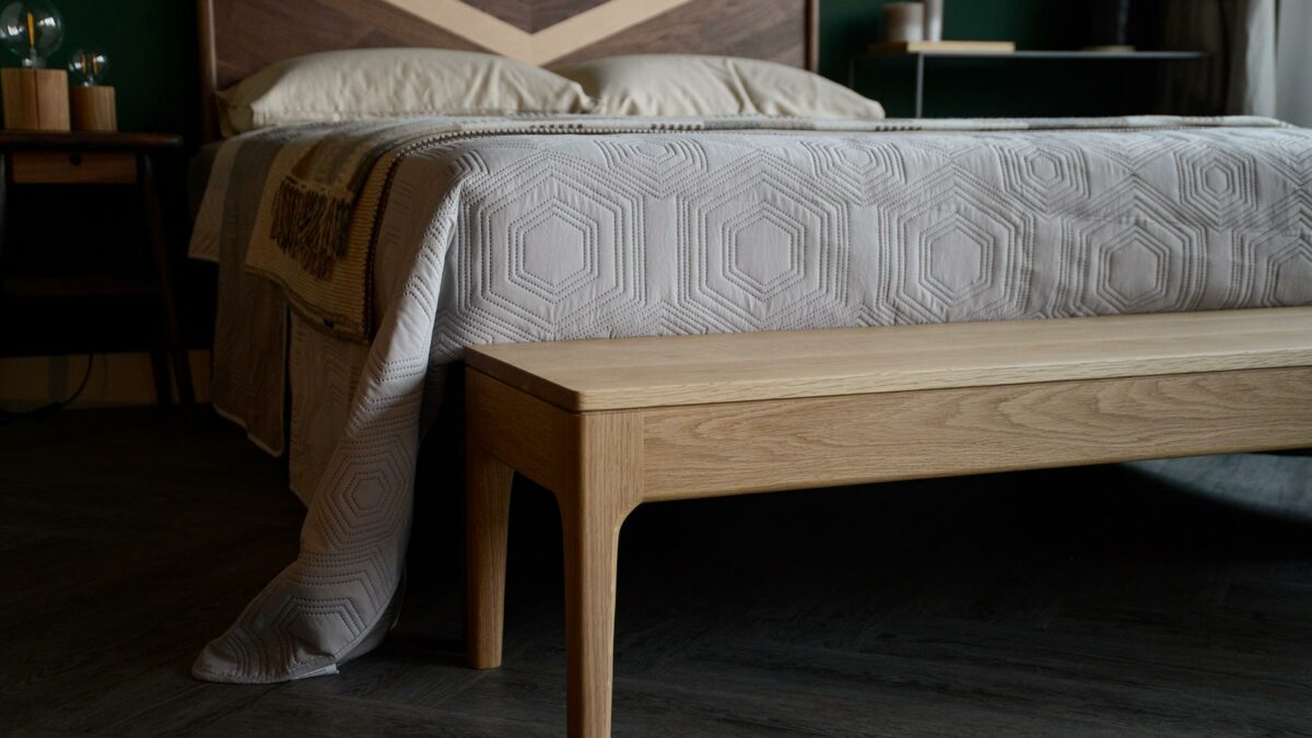 solid oak handmade Camden bench shown with our Hoxton bed