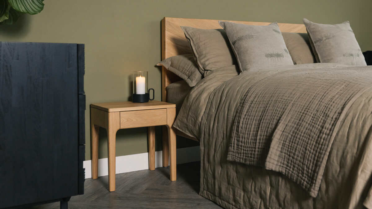 oak Camden bedside table with drawer shown with Highbury bed