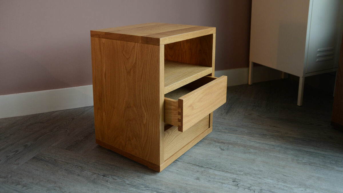 oak cube shelf table 1200 open drawer 3Q