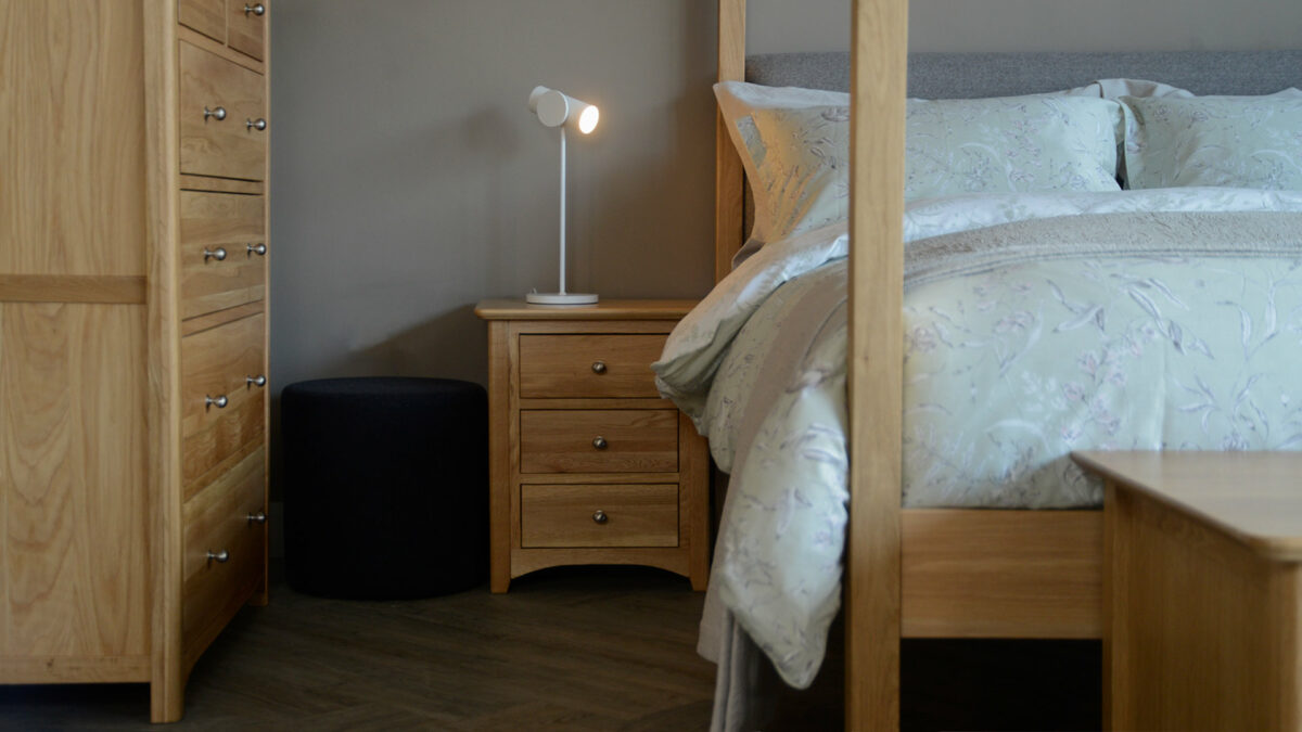 classic oak bedroom storage shown with our Oak Highland bed