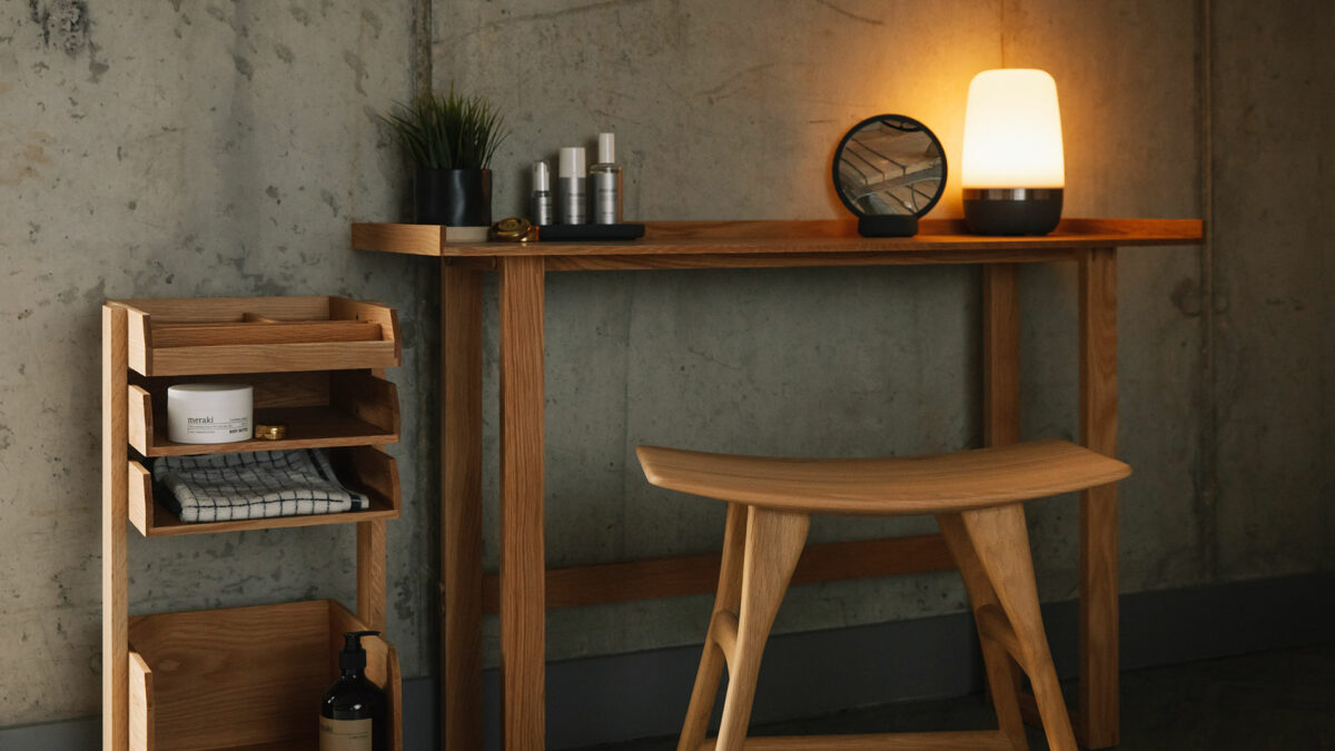 solid oak side table and storage trolley on wheels