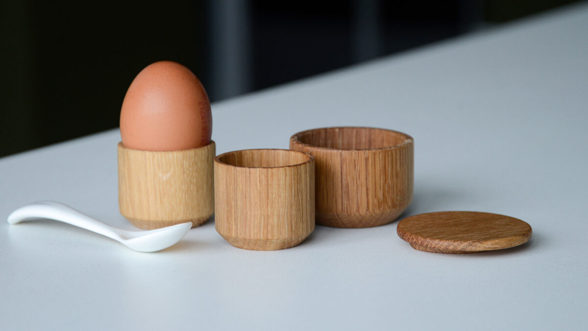 oak egg cups with salt pot