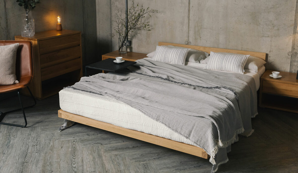 oak kumo with kantha bedspread and textured grey bedspread