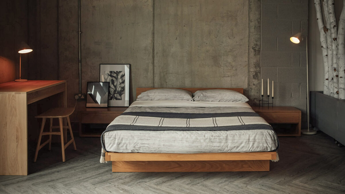 Scandi inspired bedroom featuring our Oak Kyoto bed with ivory and grey bedding