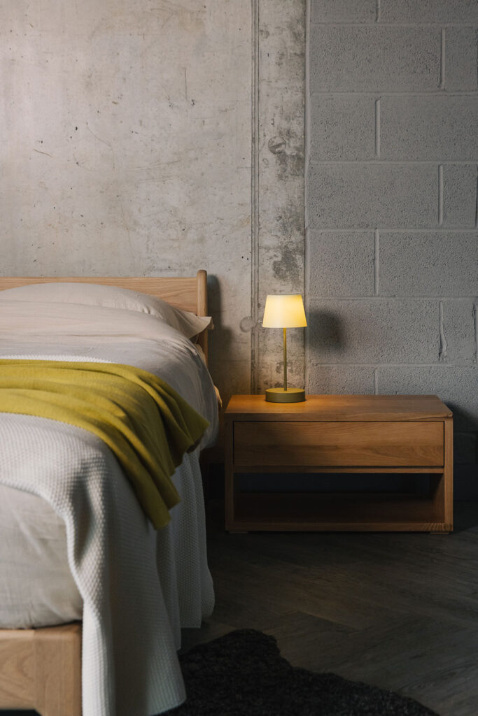 oak one drawer bedside unit with lime bedside light portrait