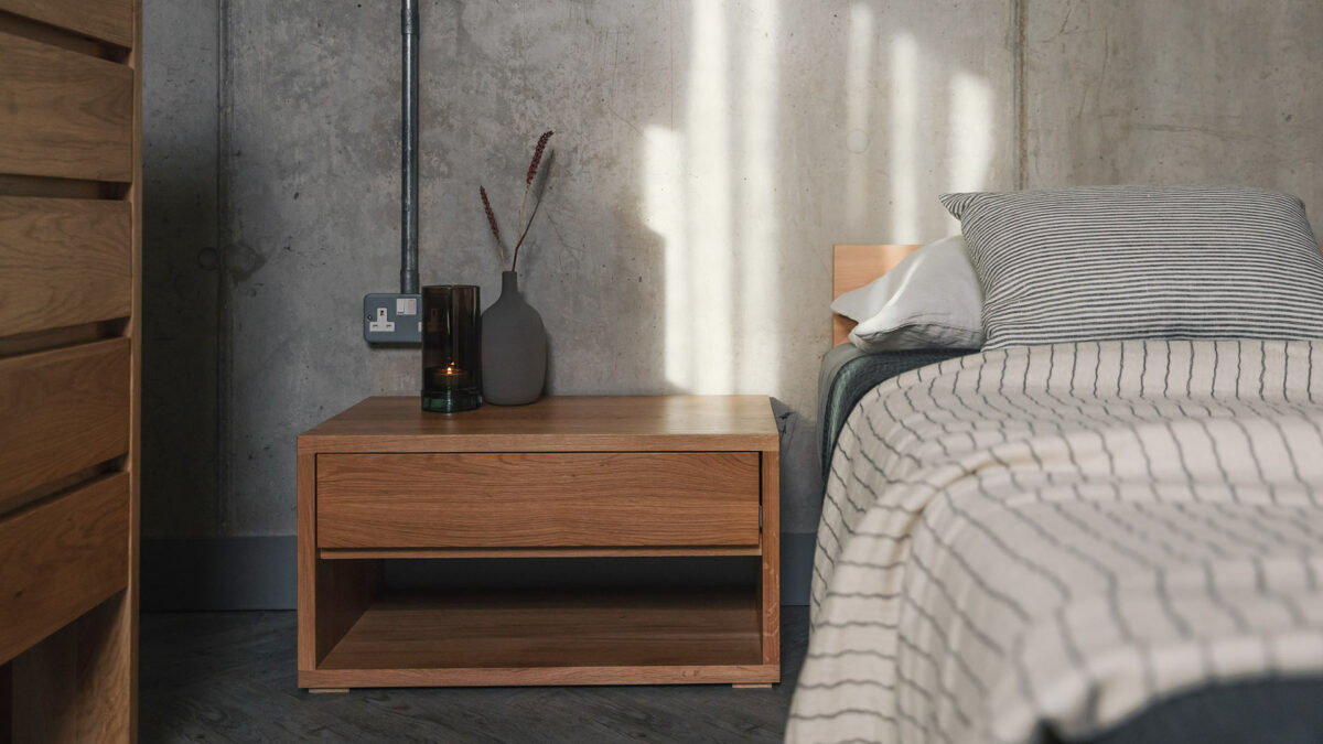 Black lotus solid oak bedside table with drawer