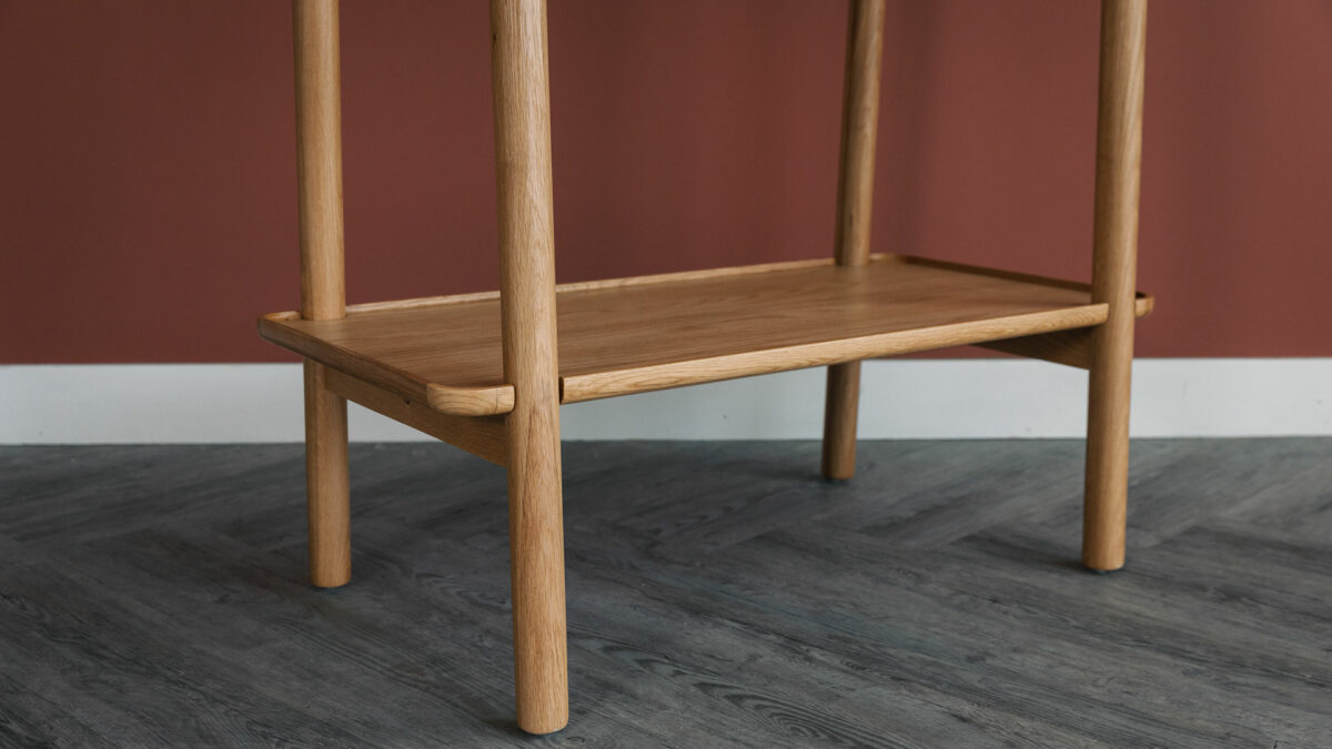 oak open clothes rail lower shelf detail