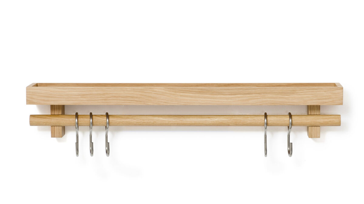 oak kitchen storage shelf with rail and utensils hooks