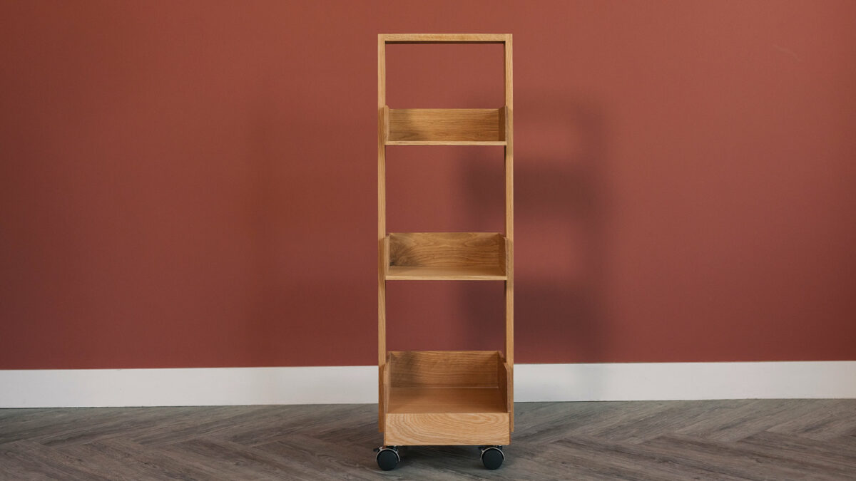 oak storage unit on wheels front