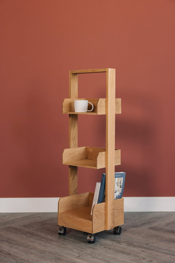 oak storage unit on wheels portrait