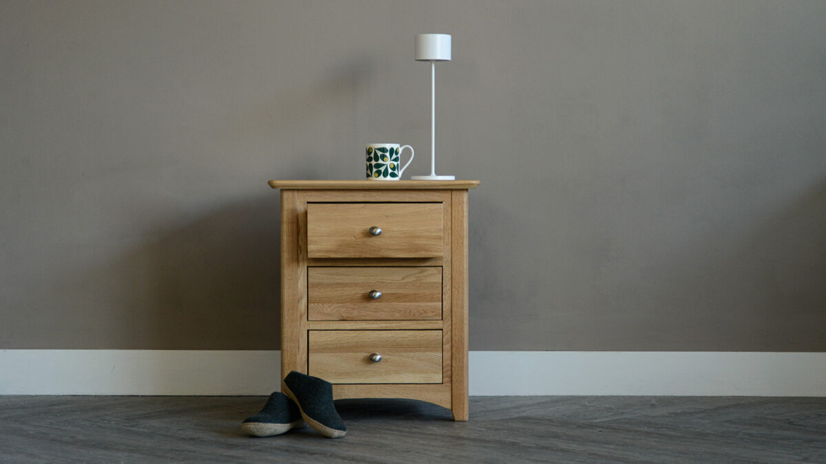 classic oak bedside table with 3 drawers