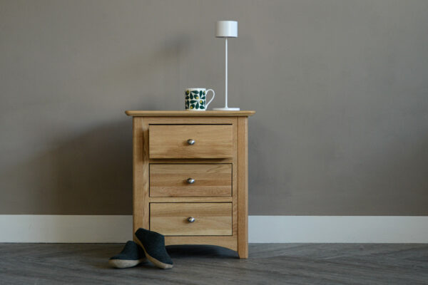 classic oak bedside table with 3 drawers