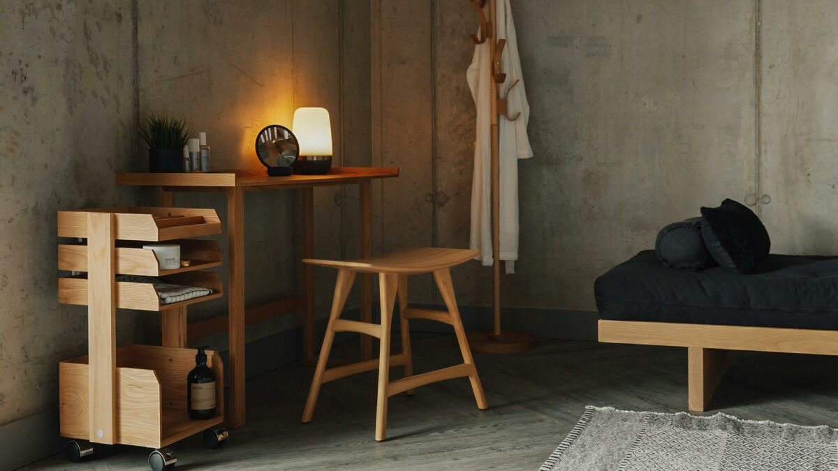 modern oak side table and storage trolley