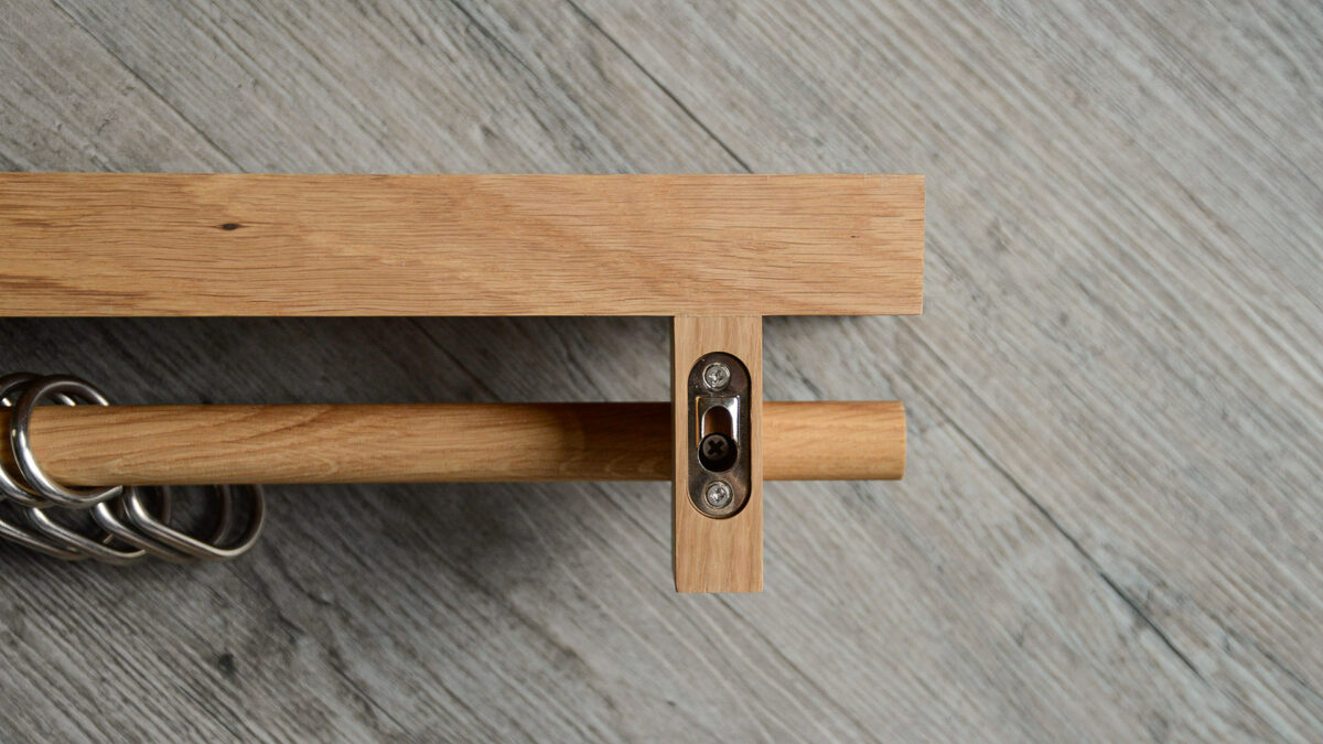 view from the back of our small oak utensil shelf