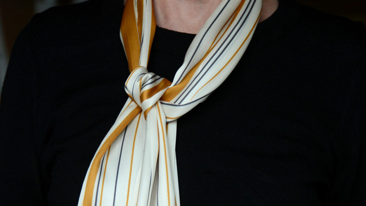 soft and slim silk-feel scarf in ivory with yellow ochre and black stripes