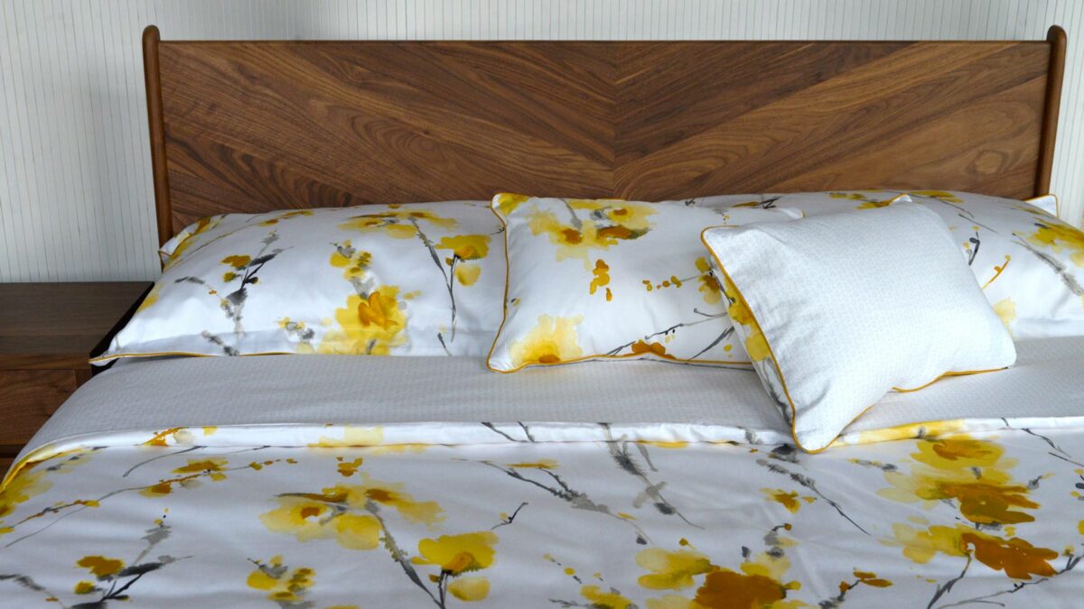 ochre watercolour floral bedding with walnut hoxton
