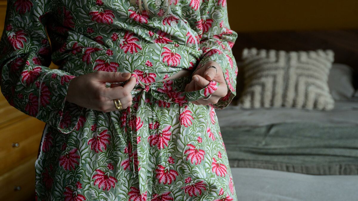 lightweight cotton pyjamas with a vibrant pink and green block print design