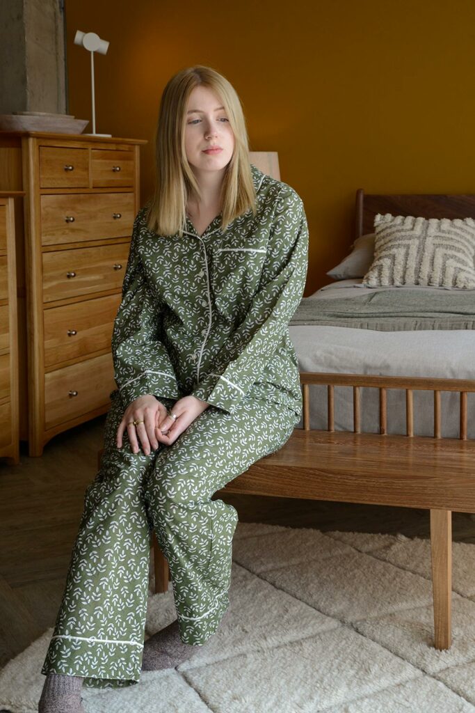 olive green block print Pjs portrait