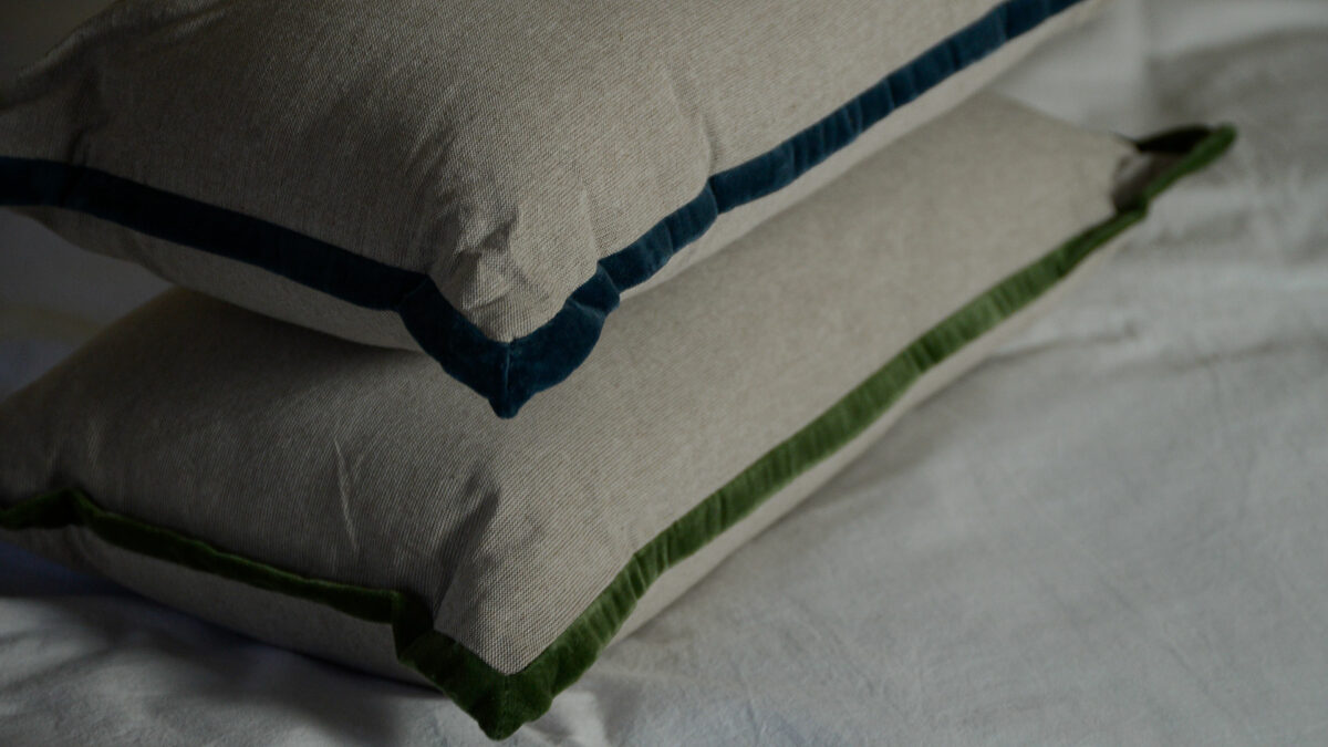 olive green ink blue velvet trim small cushions