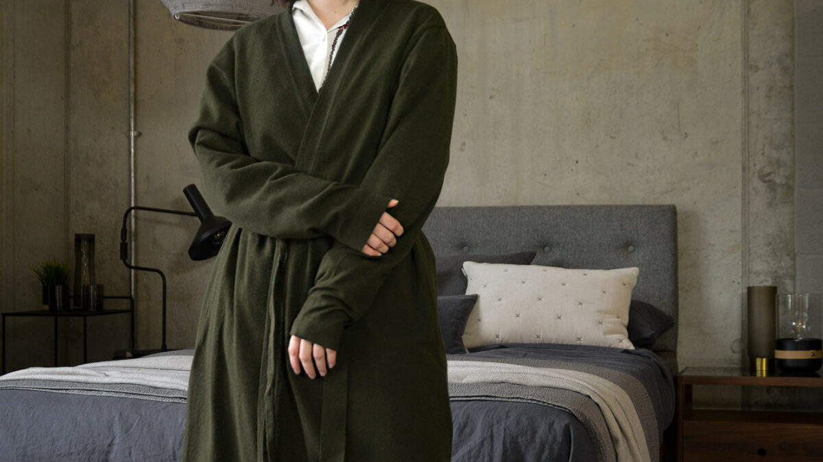 olive green cosy knitted robe