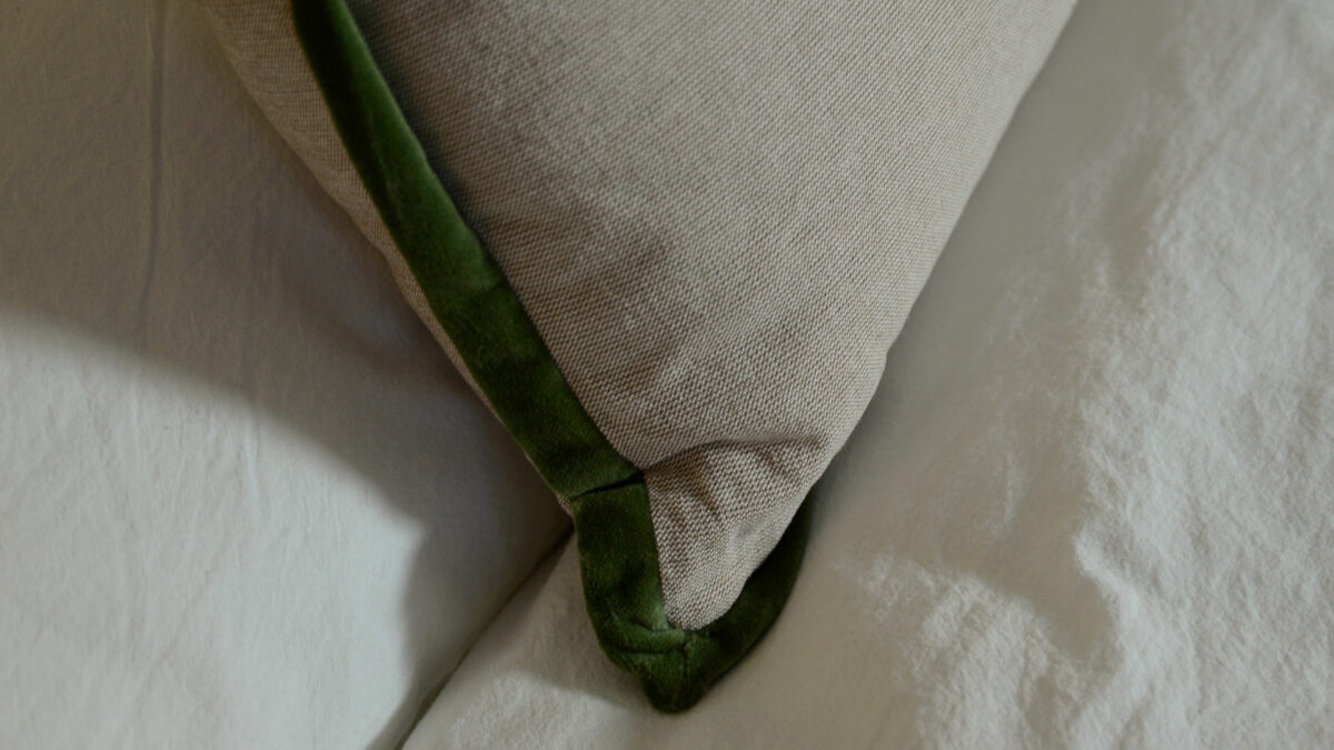 olive green velvet trim detail small cushion